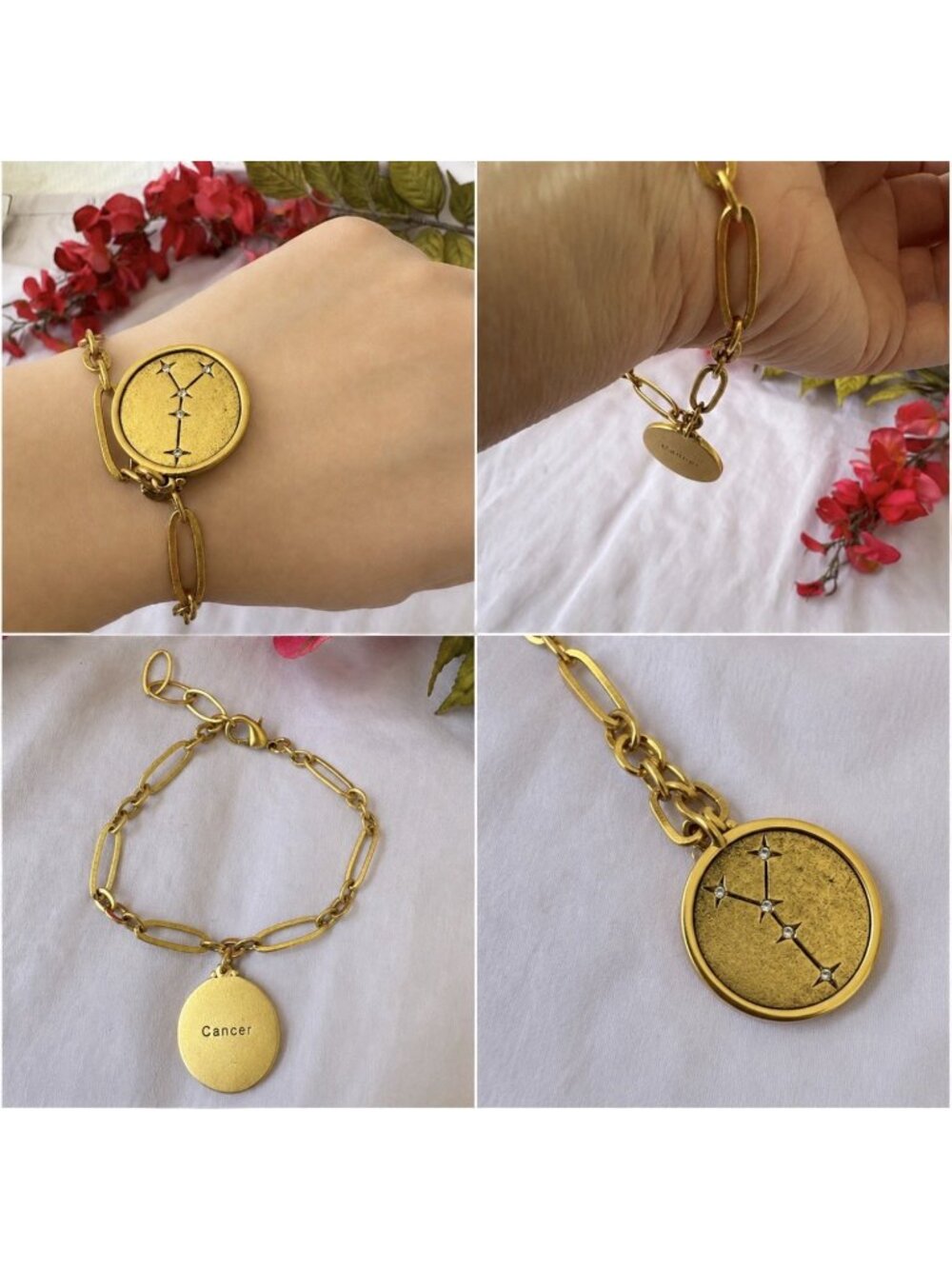 Sequin Zodiak Cancer July Charm Gold Tone CZ Chain Toggle Bracelet 10" Women NEW